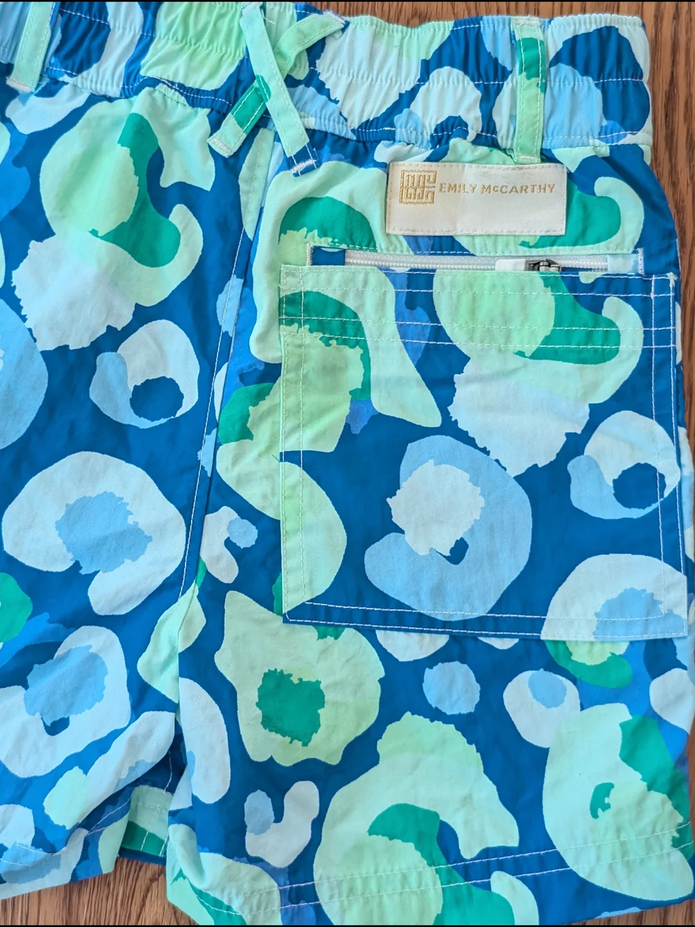Emily McCarthy Blue Green Sea Glass Cheetah Print Boys Swim Trunks Shorts